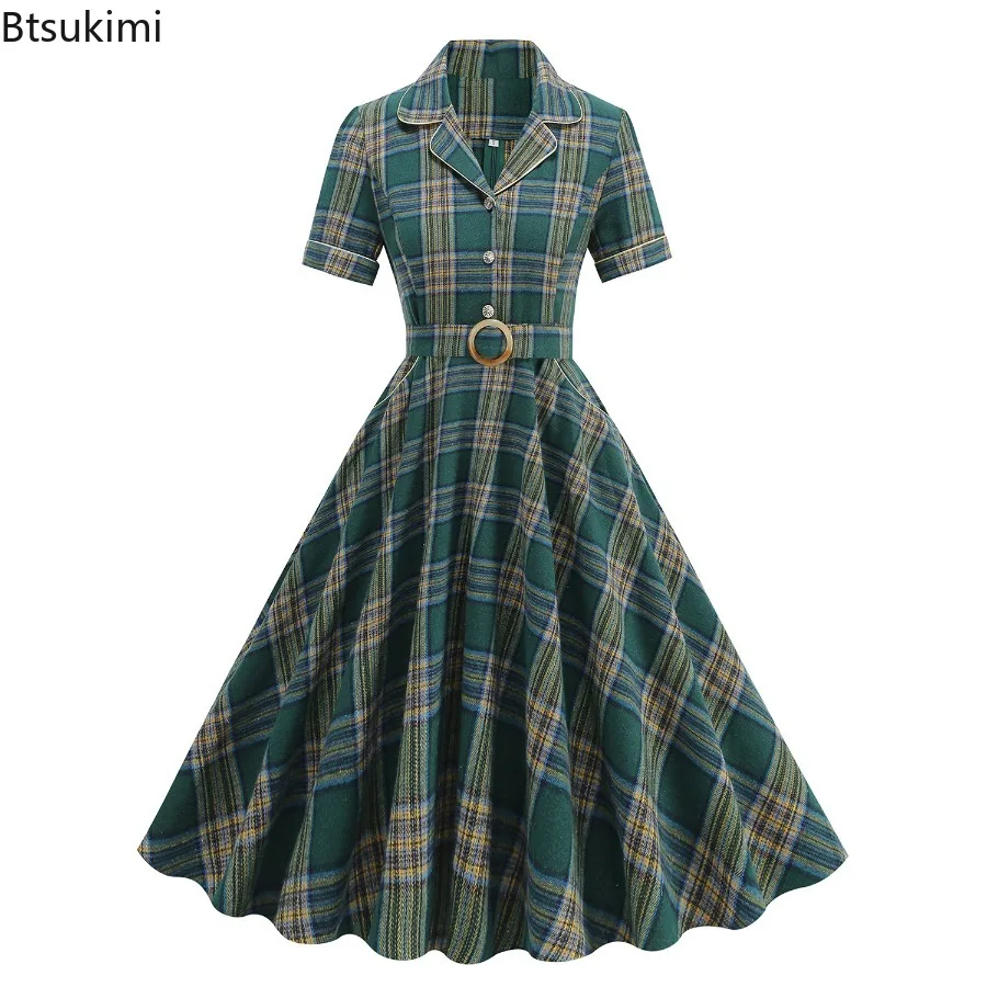 レディース ヘップバーン風 エレガント グリーン チェック柄 ヴィンテージ カジュアル ドレス 襟付き パッチワーク ビッグスイング ロカビリードレス