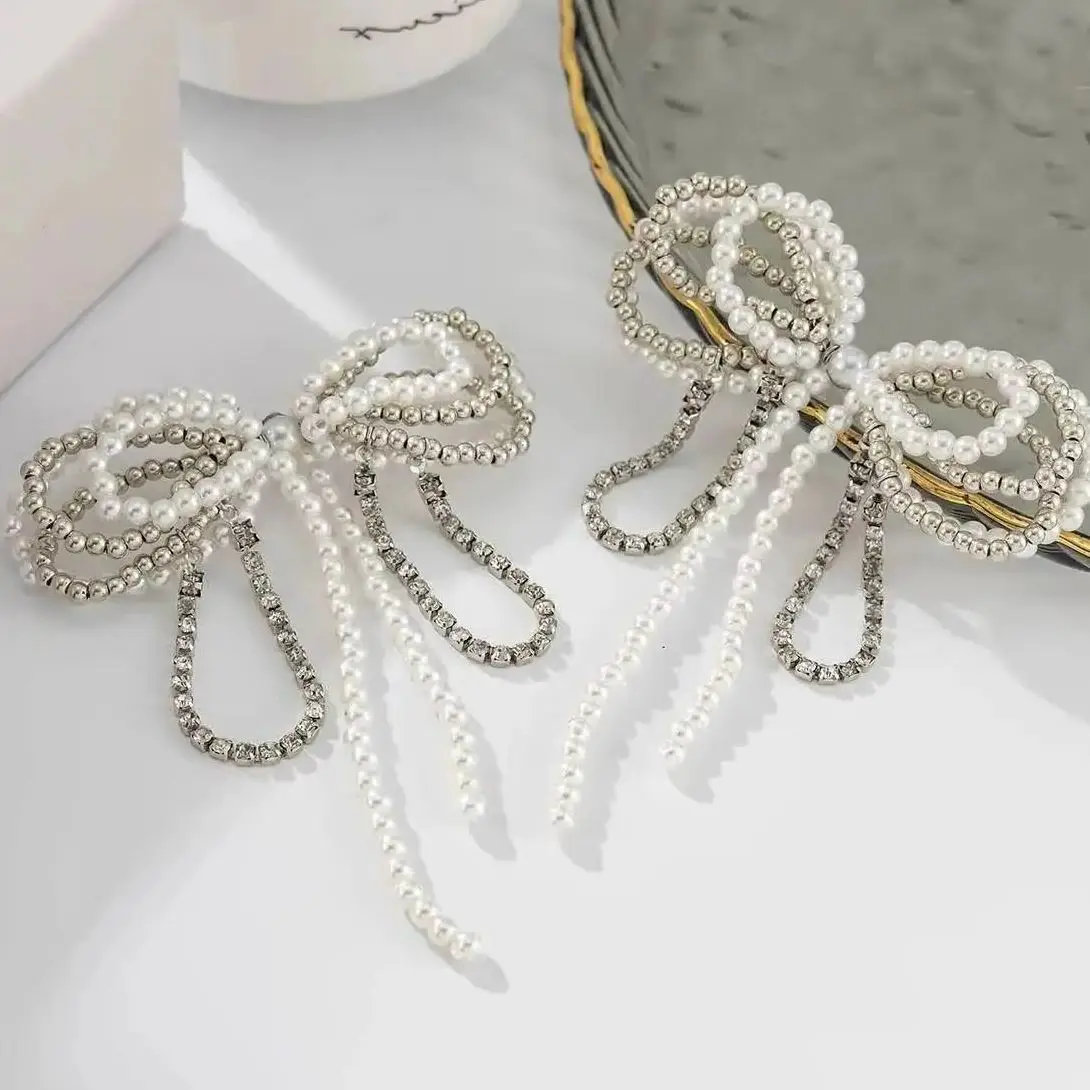 

Lacteo Elegant Imitation Pearl Bowknot Tassel Earrings for Women Luxury Wedding Fashion Jewelry Temperament Bow Ear Accessories