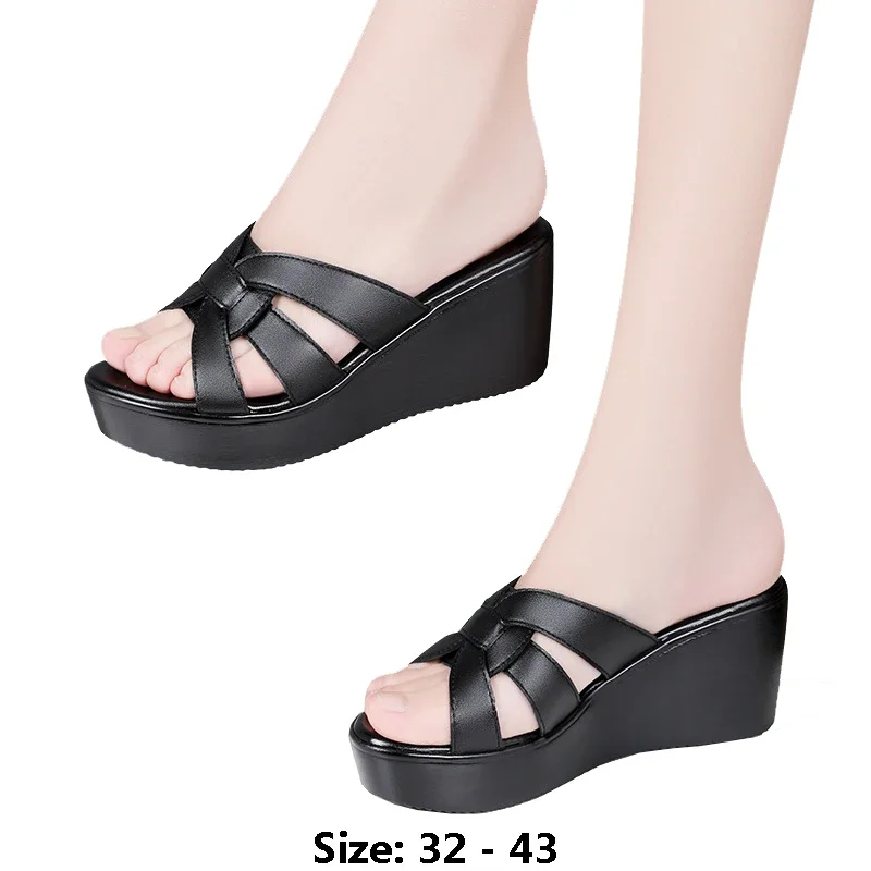

High Quality Summer Leather Wedge Sandals for Women 6cm Mid Heel New Size 32 33 42 43 Platform Open Toe Elegant Shoe Black W581