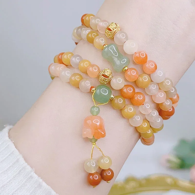 Four-Circle Jinsi Jade Bracelet Women's Retro Ethnic Style Happy Lily Pendant Beaded Bracelet Hanfu Girlfriends Bracelet