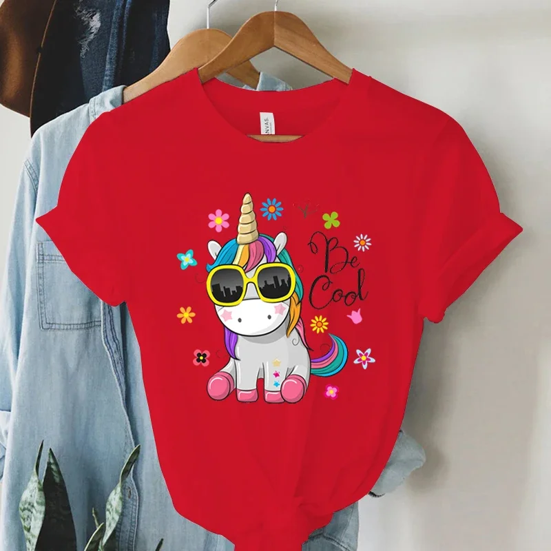 Short Sleeve T -Shirt Cool Unicorn Print Women Summer Casual Harajuku Shirt Woman Y2k Aesthetic Graphic Clothes Cartoon Tshirt