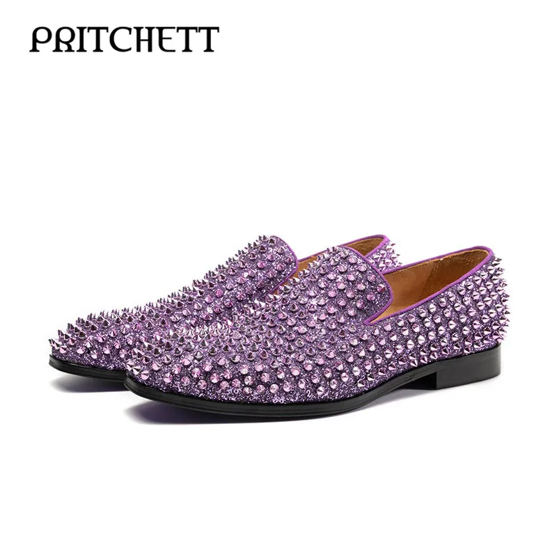 

Purple Loafers Diamond Rivets Round Toe Square Root Shallow Mouth Casual Shoes Stage Luxury Stage Performance Men's Shoes