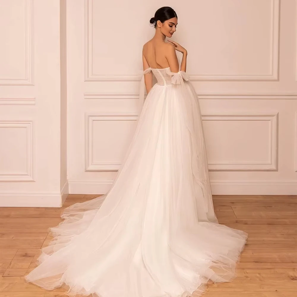 Customized Puffy Elegant A-line Tulle Long Wedding Dress Romantic Sweetheart Neck  Gown Off Shoulder Dresses Bridal Gown
