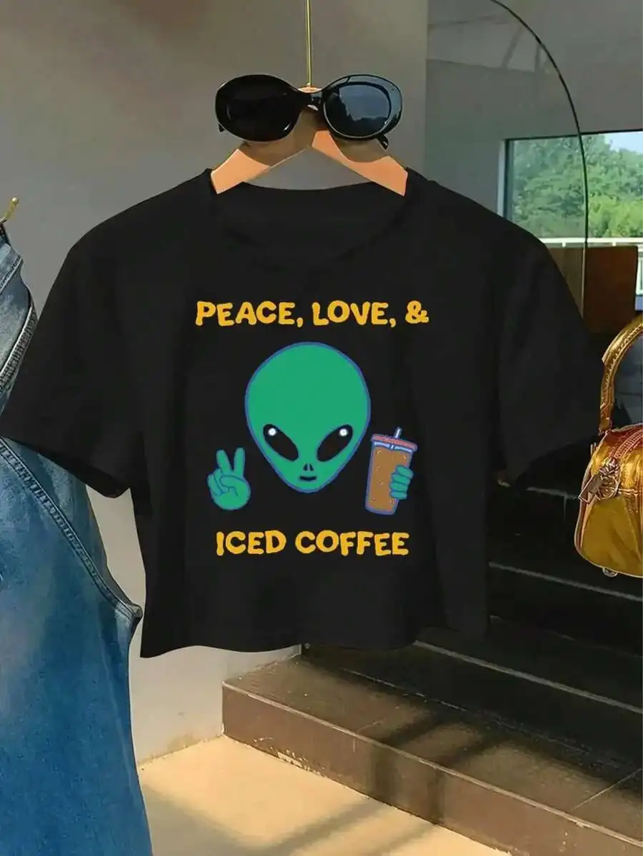 

Womens Alien Peace Love Iced Coffee Print Cropped T-Shirt Cotton Short Sleeve Casual Top
