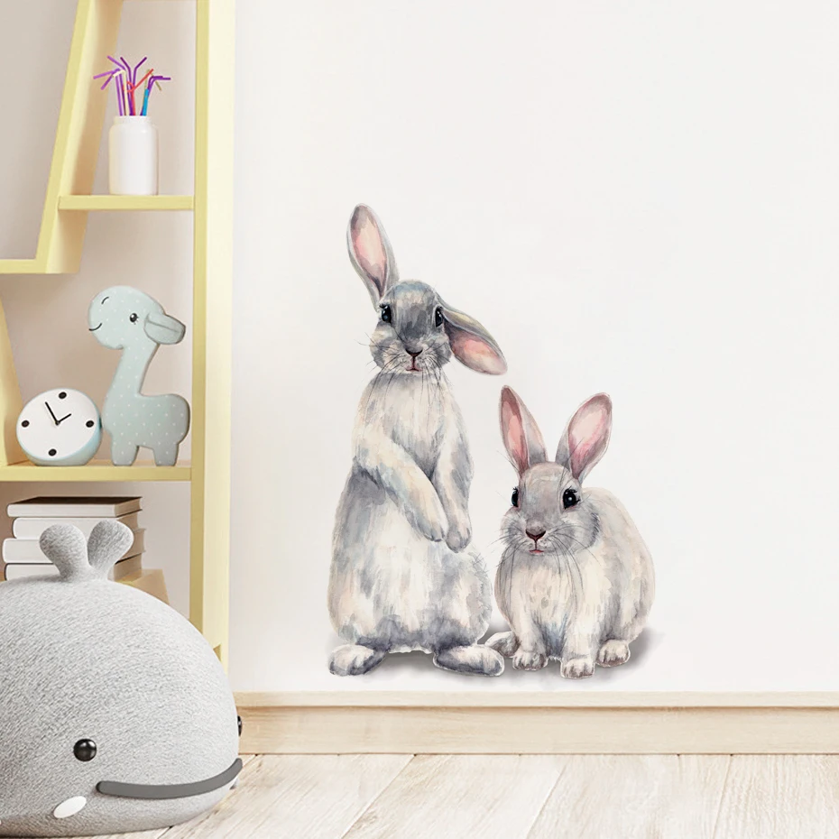 Watercolor Grey Baby Rabbits Floral Decals Removable Nursery Wall Art Stickers Wallpaper Posters Girls Bedroom Gift Home Decor