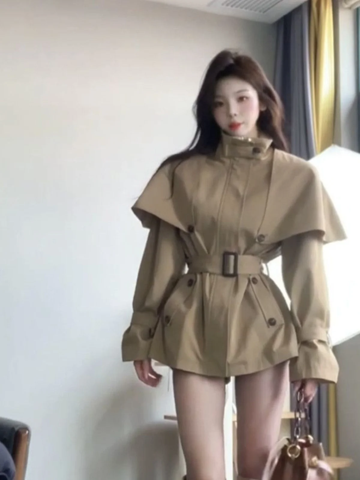 

British Style Detachable Collar Coat Jacket Women's Mid-Length Waist-Cinching Stand-Up Collar Two-Way Wear Windbreaker