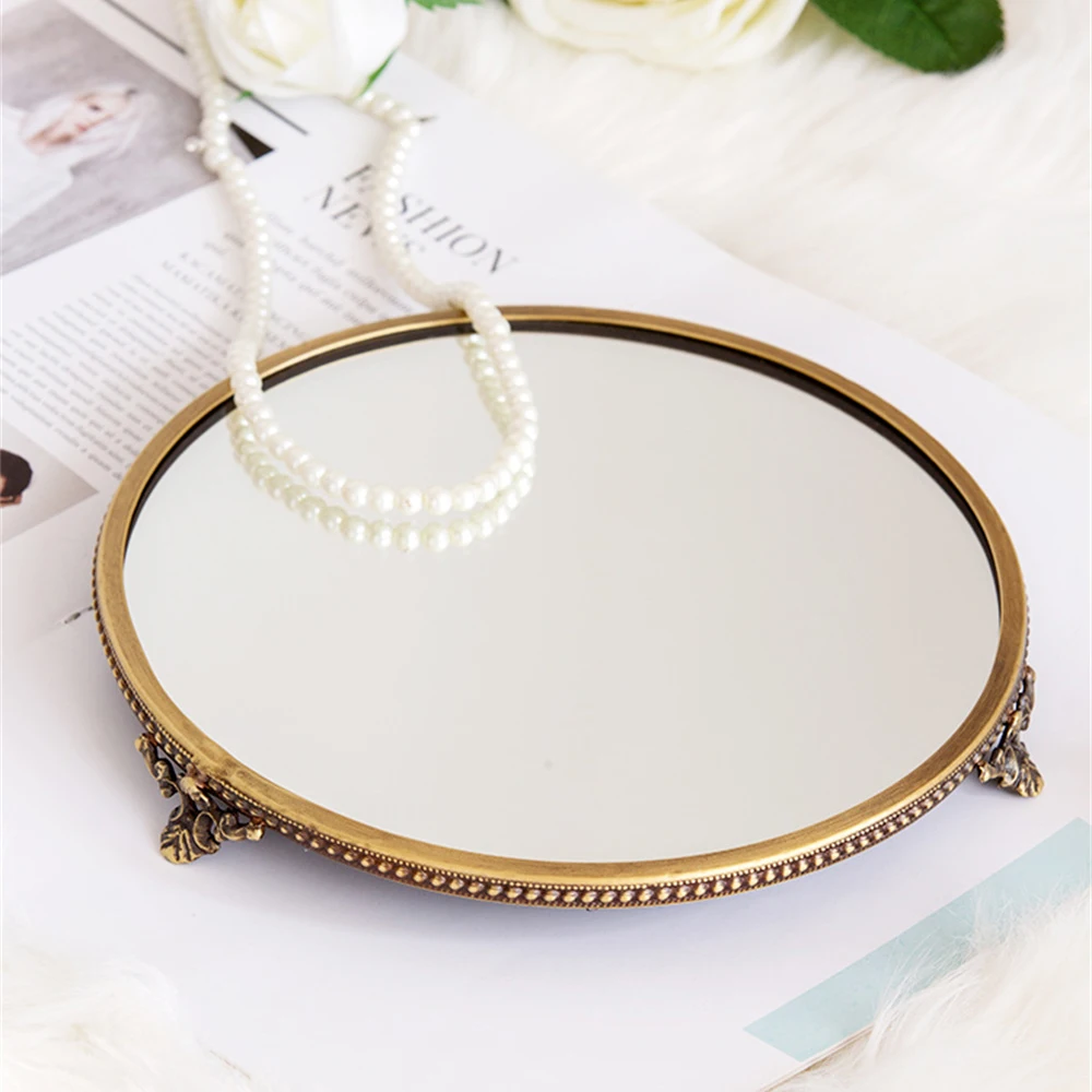 

Brass Mirror Glass Tray Round Vanity Tray Perfume Necklace Storage Organizer Bathroom Countertop Coffee Table Party Decorative