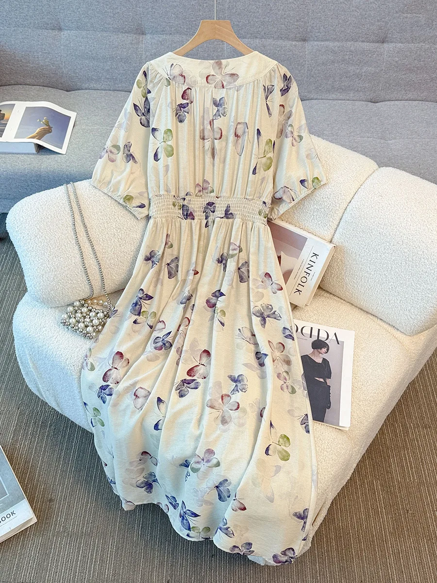 150Kg Plus Size Women's Bust 149 Summer Vacation Lazy Butterfly Print Dress 5XL 6XL 7XL 8XL 9XL