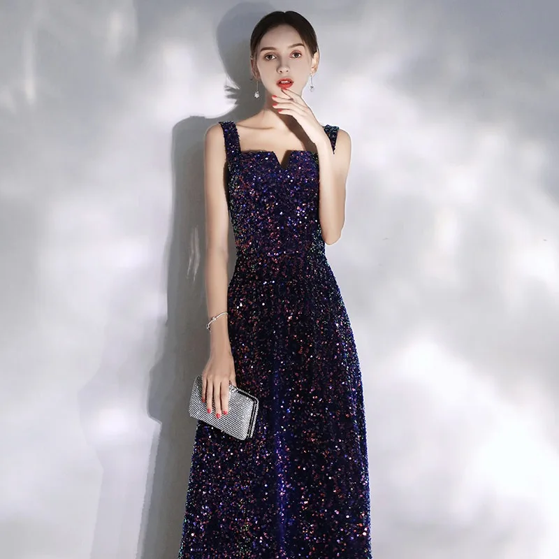 Shiny Purple Evening Dress Strap Sleeveless Glitter A-line Floor-length Sexy Bling Celebrity Wedding Party Formal Gowns 2024