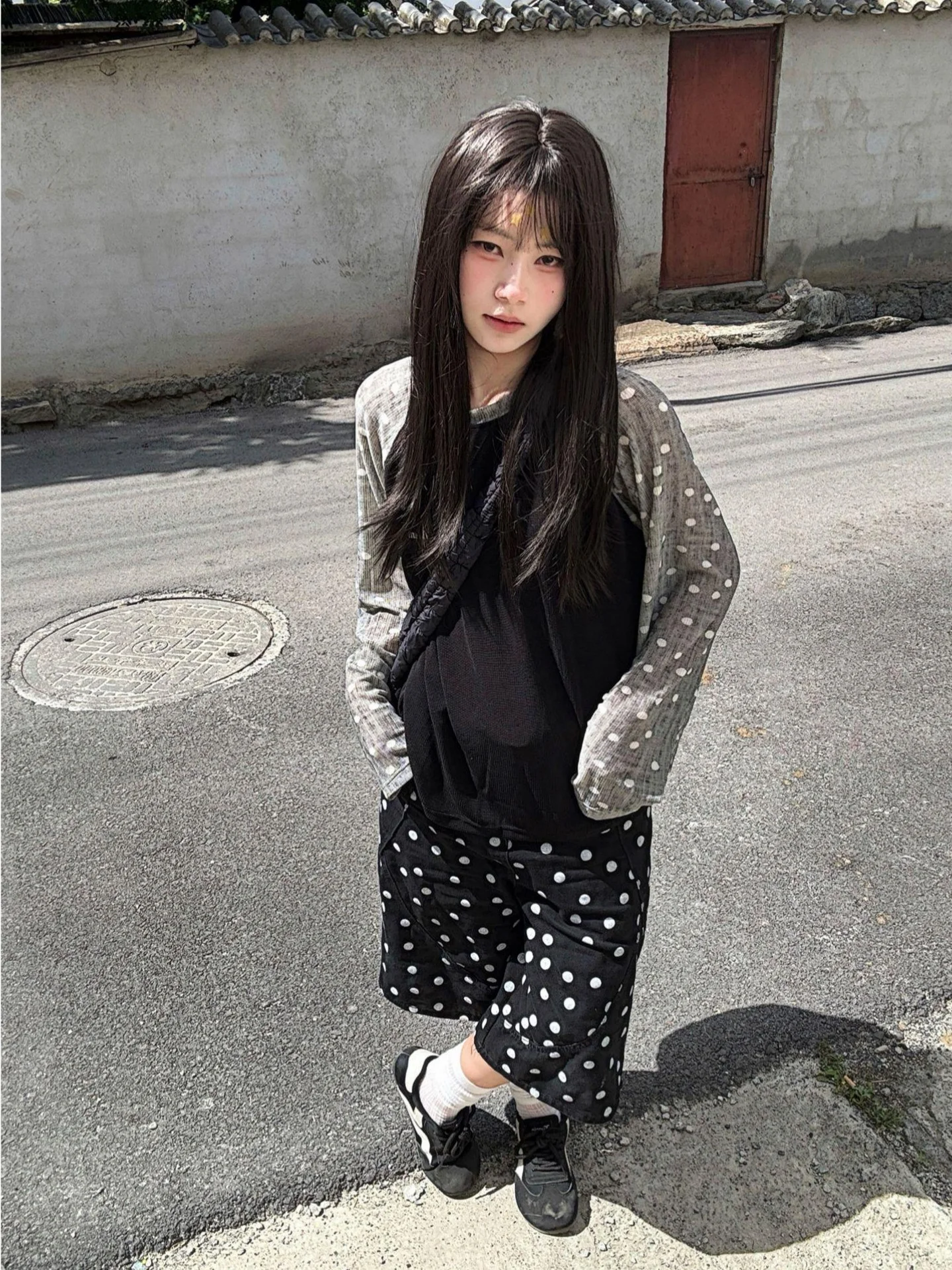 Loose Fit Long Sleeve T-Shirt Polka Dot Splice Shoulder Design Men's Thin Style Casual Printed Top UV Protection Spring Wear