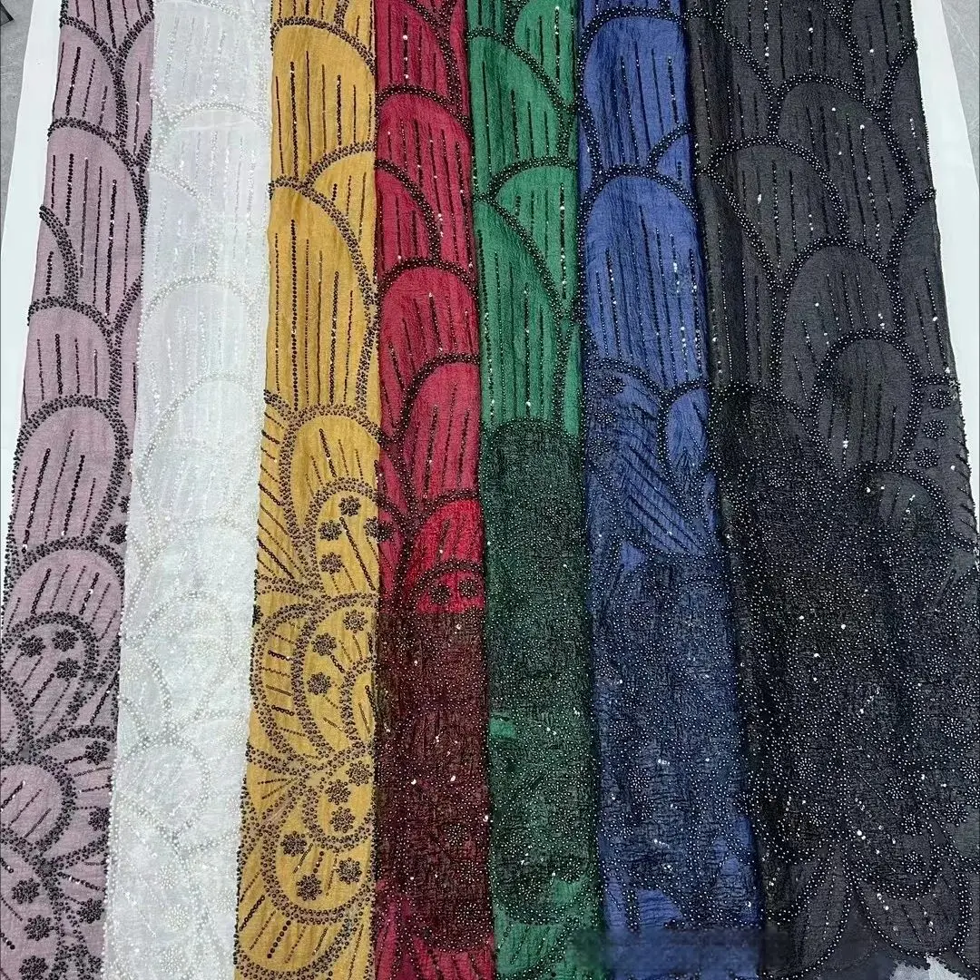 

LIYINI красная аппликация из бисера, блестки, трубчатая вышивка, нигерийская кружевная ткань, французский тюль, материал для свадебного платья, швейные проекты