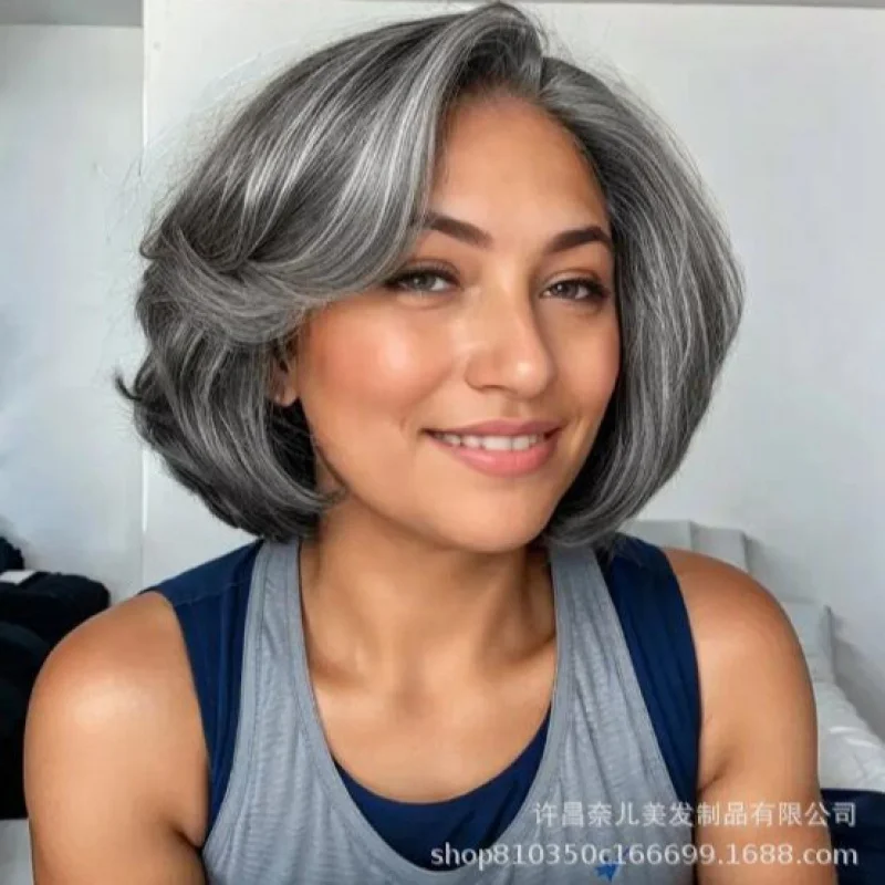 

Middle-Aged and Elderly Wig Short Hair Flower White Hair European and American Chemical Fiber Wig SheathShort BOB Hair WigsCross