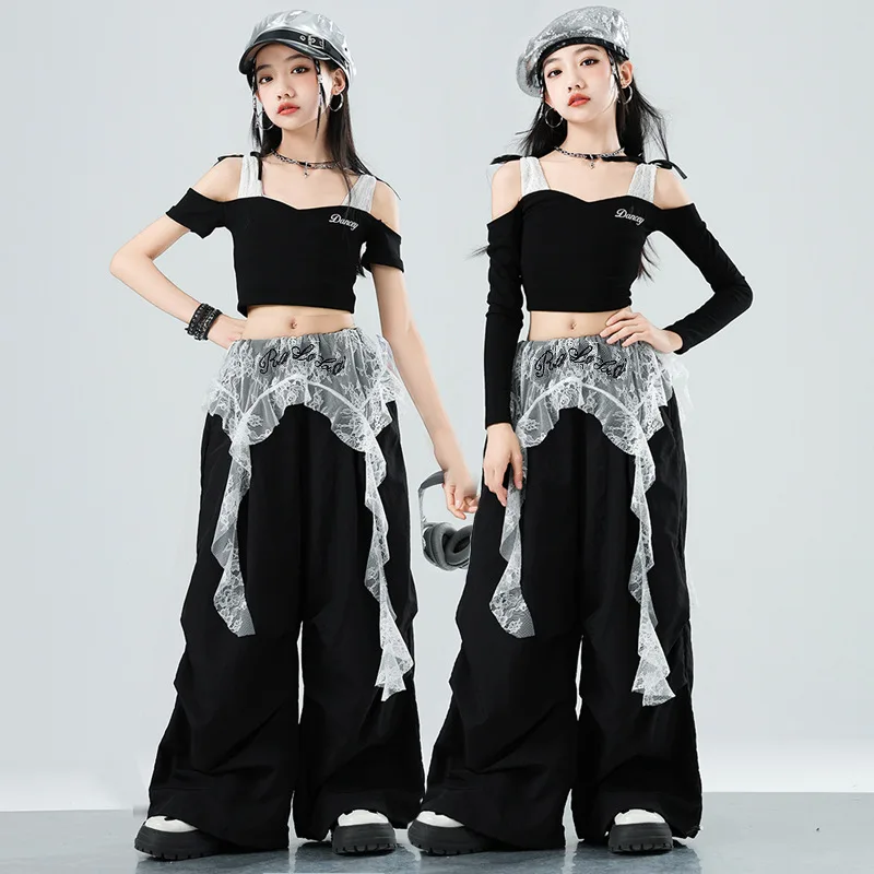 

Kpop Girls Groups Jazz Dance Clothes Hip Hop Costumes Lace Off Shoulder Top Pants With Hip Scarf Suit Street Dance Wear