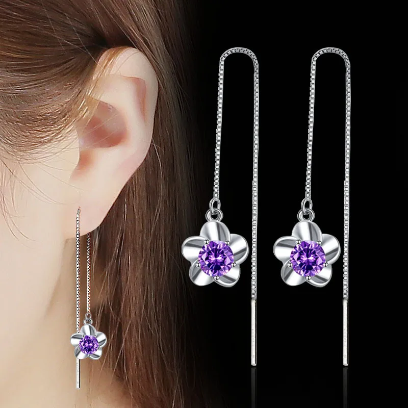 Silver 925 Hoop Earrings For Women Fine Jewelry Purple White Zircon Silver Sample 925 Clover Plum Cherry Blossom Flower Earrings image 3