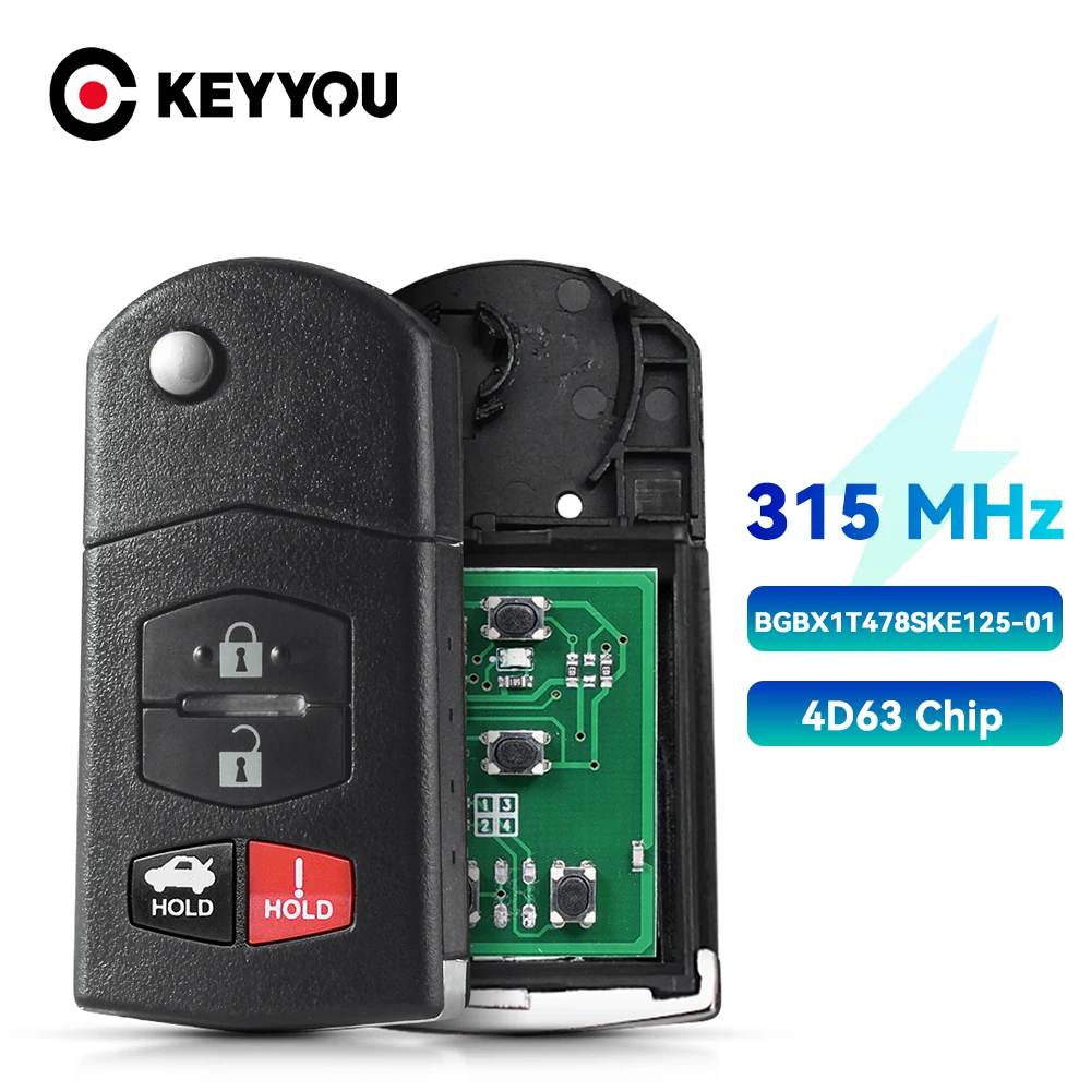 

KEYYOU Flip Remote Car Key For Mazda 3 5 6 CX-7 CX-9 MX-5 Miata BGBX1T478SKE125-01 4D63 Chip 315/313.8/433Mhz