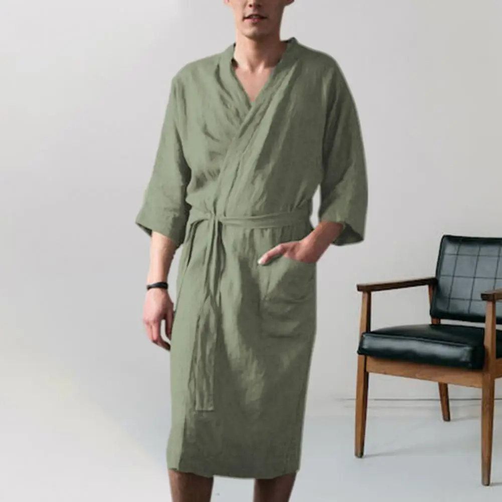 All-season V-neck Nightgown Men's Lace Up Cardigan Bathrobe with Three Quarter Sleeves Pockets Soft Absorbent for Comfort