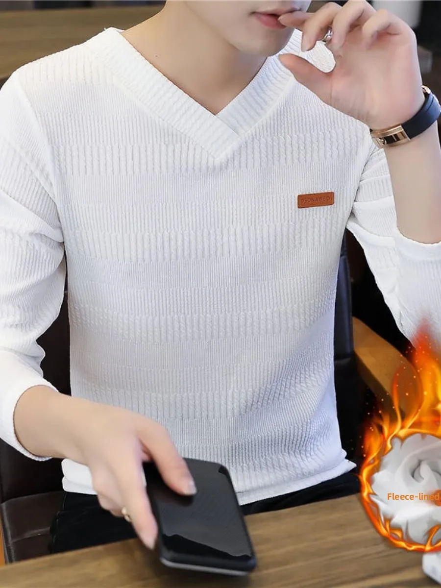 

Утепленная флисовая трикотажная футболка с длинным рукавом и V-образным вырезом для мужчин, зимняя модная приталенная базовая рубашка для подростков