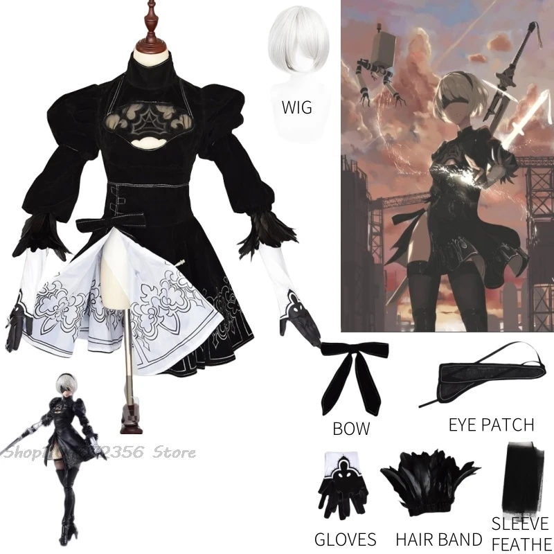 

Nier Automata Yorha 2B Cosplay Suit Anime Women Inner Print Outfit Disguise Costume Set Fancy Halloween Girls Party Black Dress