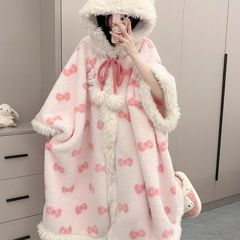 Nuevo Pijamas nuevos de gato Hellokitty para mujer, terciopelo Coral, moda bonita de invierno, Cosplay, capa cálida gruesa, camisón, ropa de descanso, regalo
