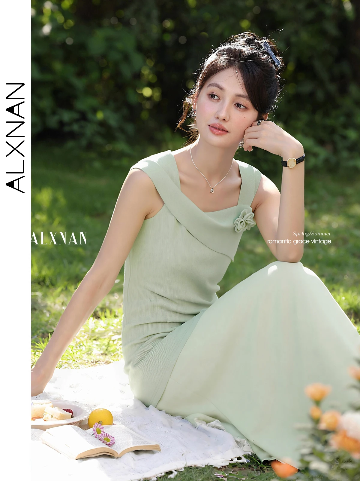 ALXNAN Damska Jasnozielona Sukienka Elegancka Kwadratowy Dekolt Wakacyjna Bez Rękawów Sukienka 2025 Lato Codzienna Impreza Odzież Damska DYL661765