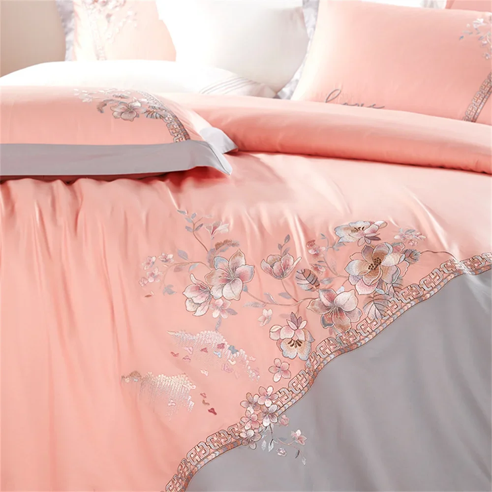 Imagem -05 - Svetanya-algodão Egípcio Jacquard Conjunto de Cama Bordado Rosa Rei Queen Bed Linhas Folha Elástica Fronha Capa de Edredão