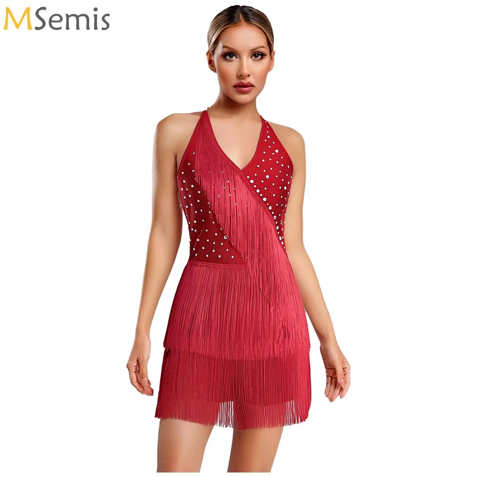 

Women Latin Dance Tassel Jumpsuit Sleeveless Rhinestones Fringed Bodysuit Leotard Dress for Latin Tango Salsa Jazz Stage Costume