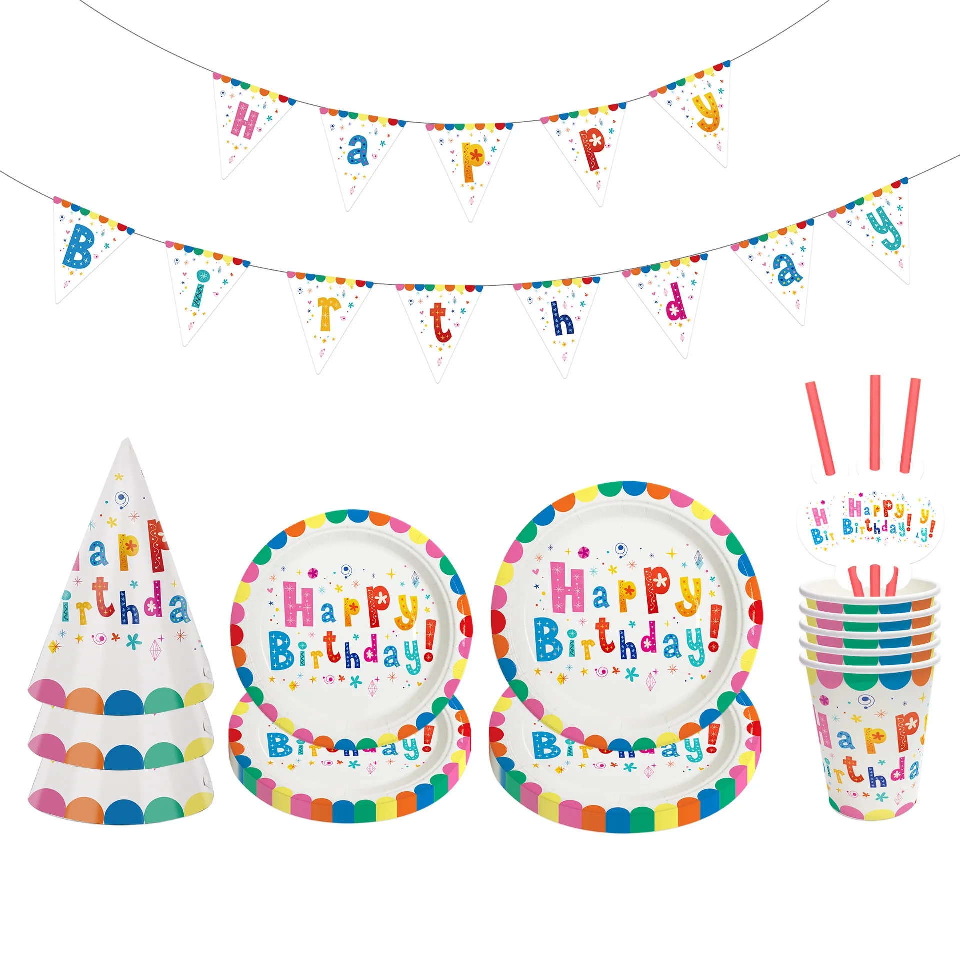 

10pcs Colorful Birthday Tableware Set Disposable Paper Cups Paper Plates Paper Caps Straws Tableware Set Happy Birthday Flag