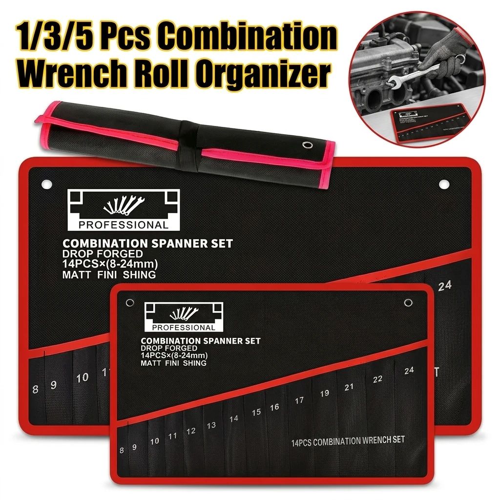 14-Pocket Tool Organizer Roll Durable Wrench Multi-Tool Storage Bag with Portable Handle for Garage and Workshop Repair