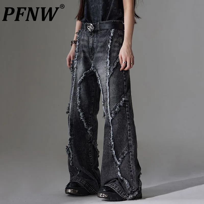 PFNW Niche Design Deconstructed Washed Raw Edge Denim Trousers For Men Fringed Micro Jeans Autumn New Trendy Long Pants 12C1341