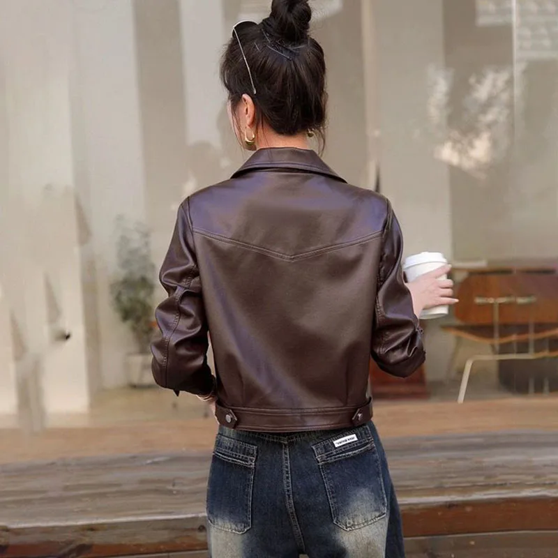 2025 Spring Autumn New Leather Jackets Women's Short Outwear Elegant Loose Motorcycle Suit Casual pu Leather Suit Collar Jacket