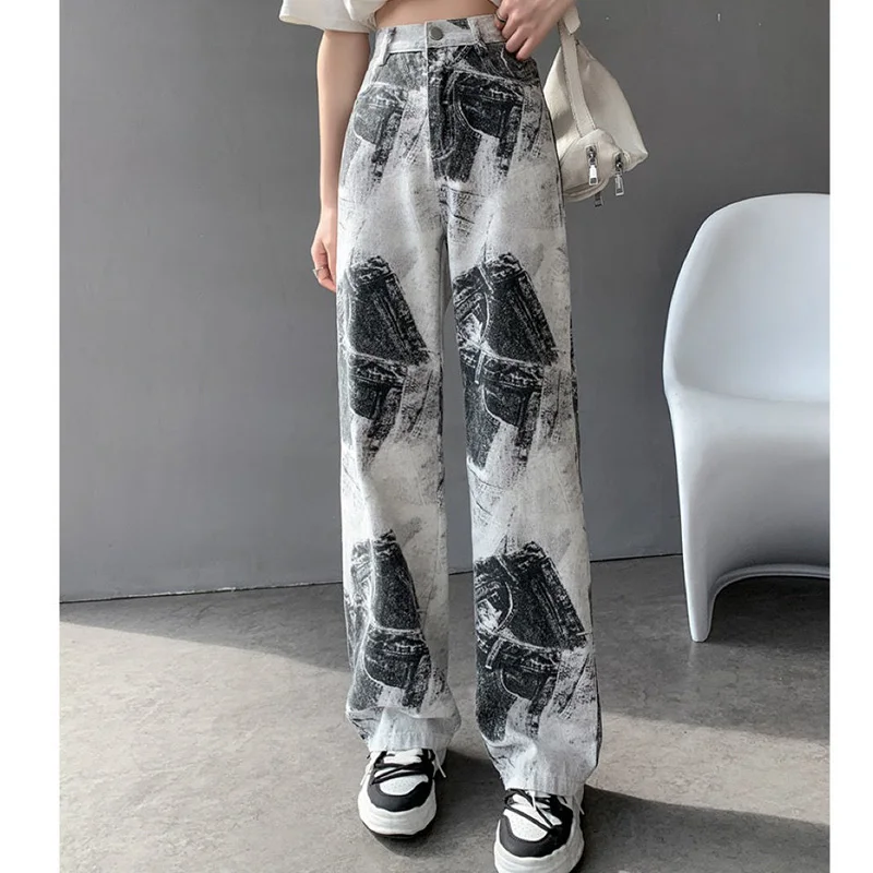 Fashion for Women 2022 Autumn Tie Dyed Ink Painting Washing Jeans Korean Button High Waist Pockets Wide Leg Pants Trend Women