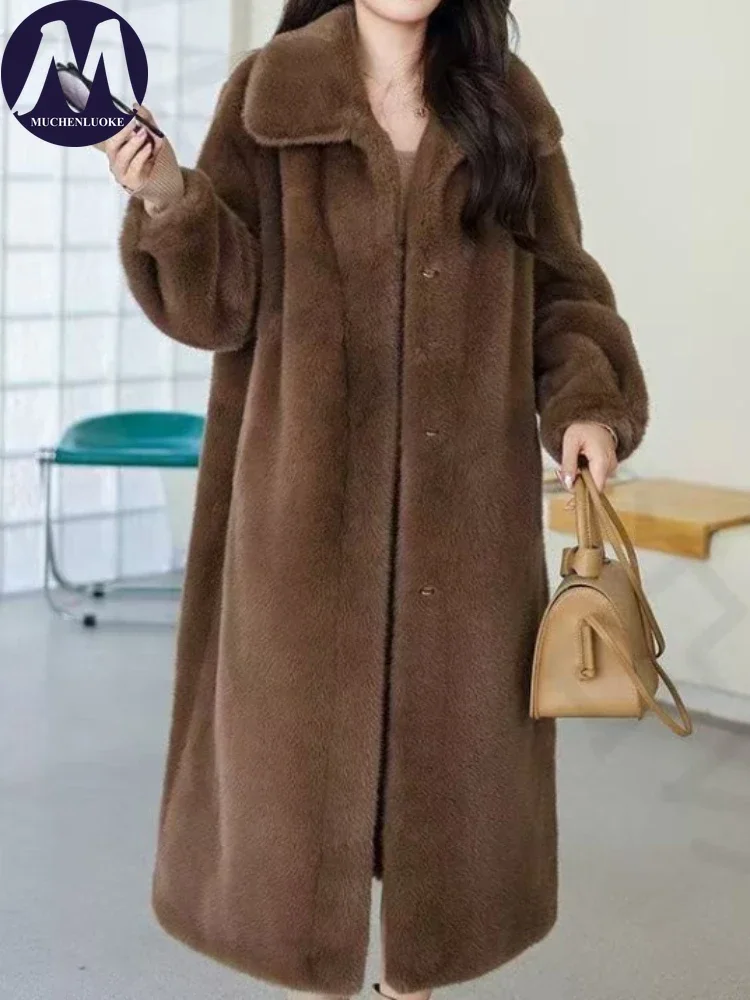 Women's Elegant Faux Mink Fur Coat Winter Square Neckline Thick Warm Casual Loose Korean Fashion Warm Jacket
