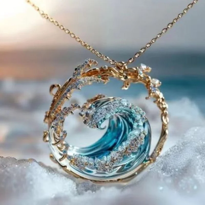 Hot selling new creative fashion sky blue wave resin decorative necklace ring earrings set versatile temperament jewelry