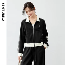 SENTUBILA Cotton Knit Jackets for Women 2024 Winter Casual Loose Patchwork Spliced Turn Down Collar Zipper Coat 143W56386