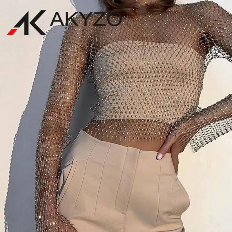 топ женский See Through T Shirt Shiny Rhinestone Fishnet Hollow Women Sexy Crop Top Long Sleeve Beach Cover Up Party Tank Tops