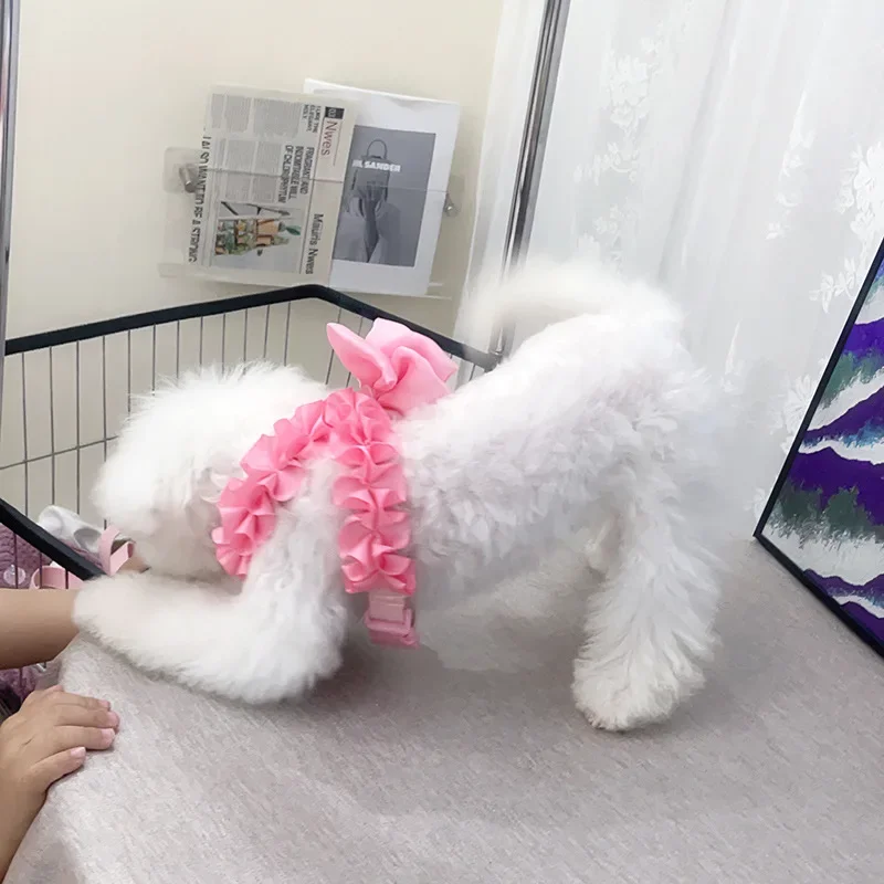 Puppy Dog\'s Harness Traction Rope Cute Korean Pink Bow Harness Rope Set for Small Medium Dog Yorkshire Outerdoor Leashes Harness