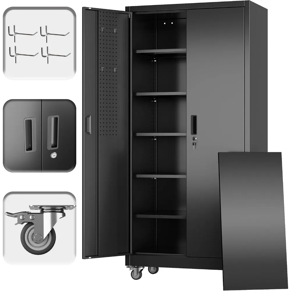 

71" H Garage Tools Storage Cabinet with Wheels, Lockable Metal Storage Cabinet with 5 Adjustable Shelves and 4 Hooks for Garage,