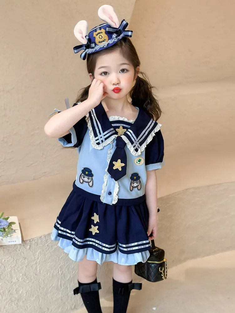 

Judy Girls' Skirt Set Summer Rabbit Officer Cartoon Short Sleeved T-shirt and Color Blocking Folded Half Skirts Children's Suit