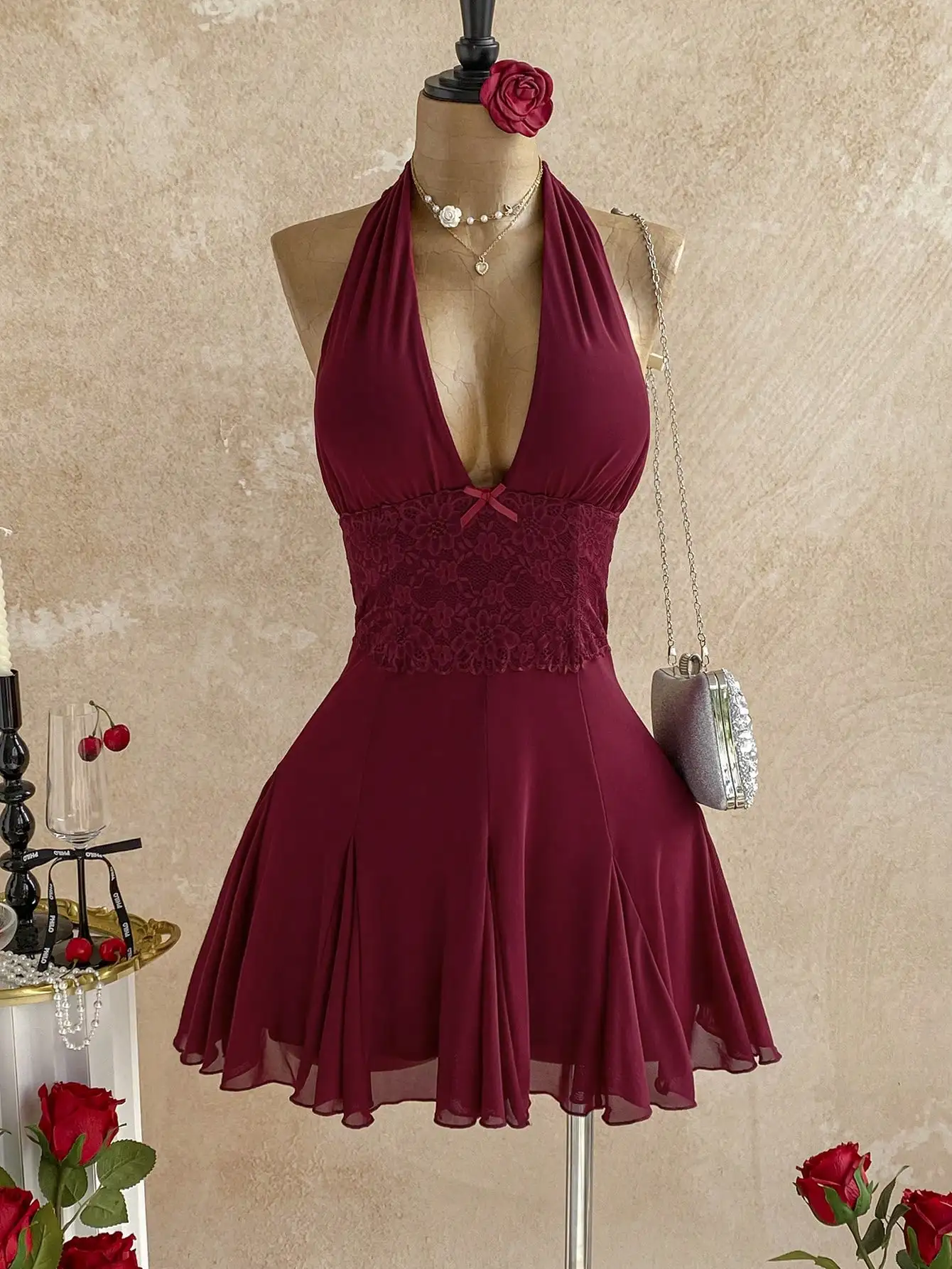 

Wine Red Halter Neck Lace Waist Mini Dress with Bow Detail