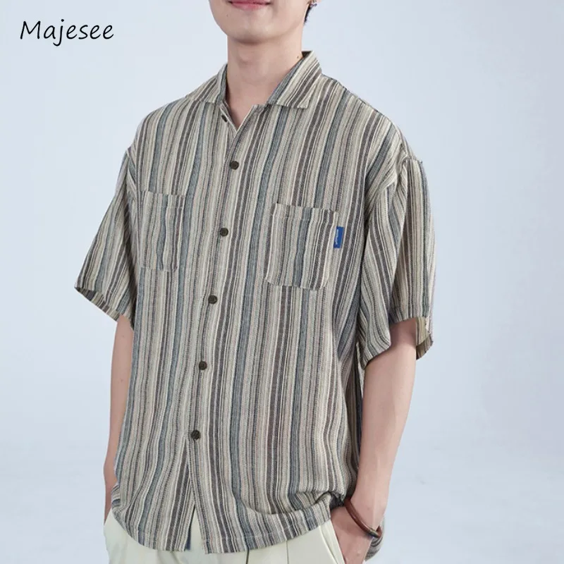 Summer Striped Shirts Men Casual Loose Breathable Pockets Teens Youthful Vitality High Street Couples Designed Camisas Chic Ins