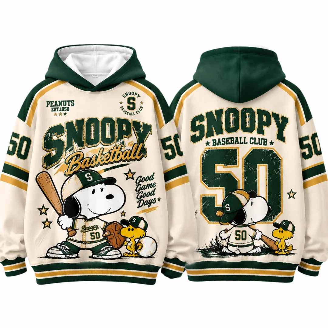 Snoopy Baseball Club #50 Vintage Hoodie Kids & Adults Retro Hooded Sweatshirt Y2K Streetwear Cartoon Oversized Pullove