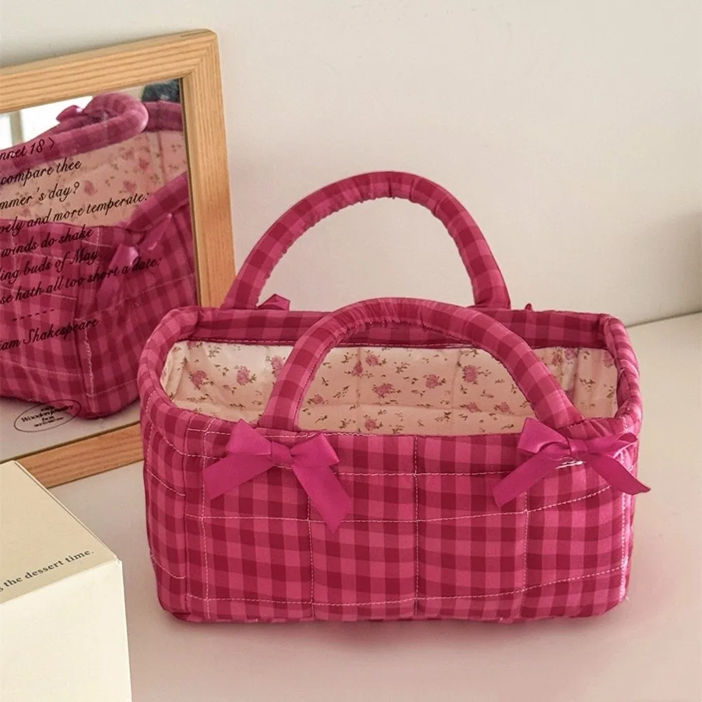 Quilted Craft Lunch Bag Plaid Design Portable Handle Storage Basket Two Colors Optional Small Size Fabric Organizer Desktop Use