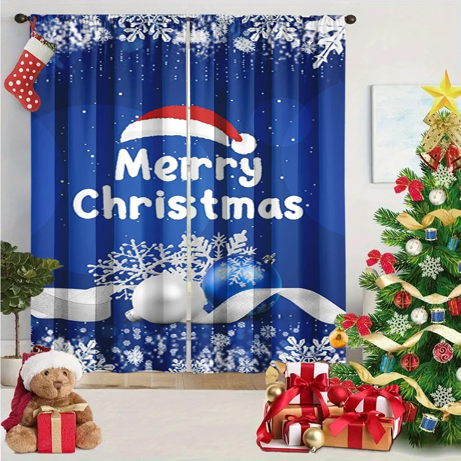 2PCS Christmas Winter Curtains, Merry Christmas Santa Hat Snowflake Ball Blue, Digital Print, Bedroom Living Room, Home Decor