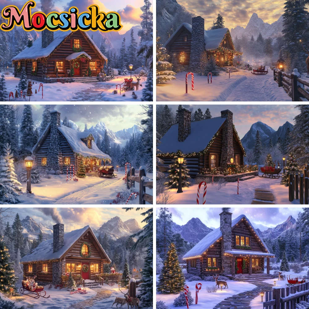 Mocsicka Winter Snow Cabin Christmas Backdrop Snowy Log House Pine Forest Warm String Lights Candy Cane Mountain Background