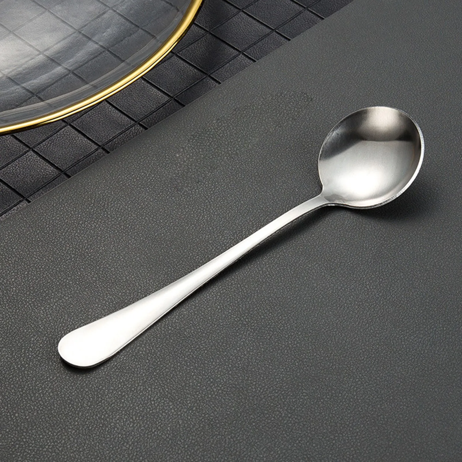 Stainless Steel Spoon Tableware Small Round Spoon Coffee Stirring Spoon Titanium Gold Small Dining Table with Storage Set for 4