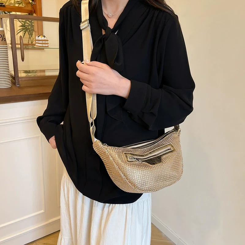 Silver Rhinestone Fanny Pack for Women 2026 Autumn Holographic Zipper Crescent Crossbody Bag Glitter Sparkly Chest Waist Bag