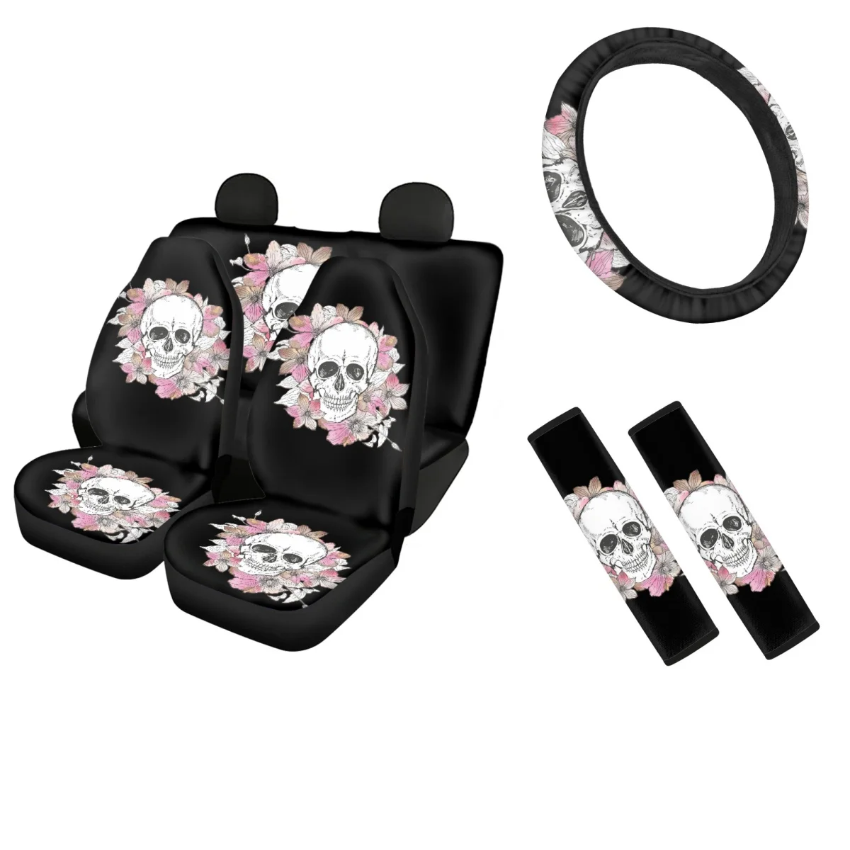 

Gothic Skull with Flowers Interior Car Seat Covers Heavy-Duty Nonslip Accessories Steering Wheel Cover and Seat Belt Sets Cover
