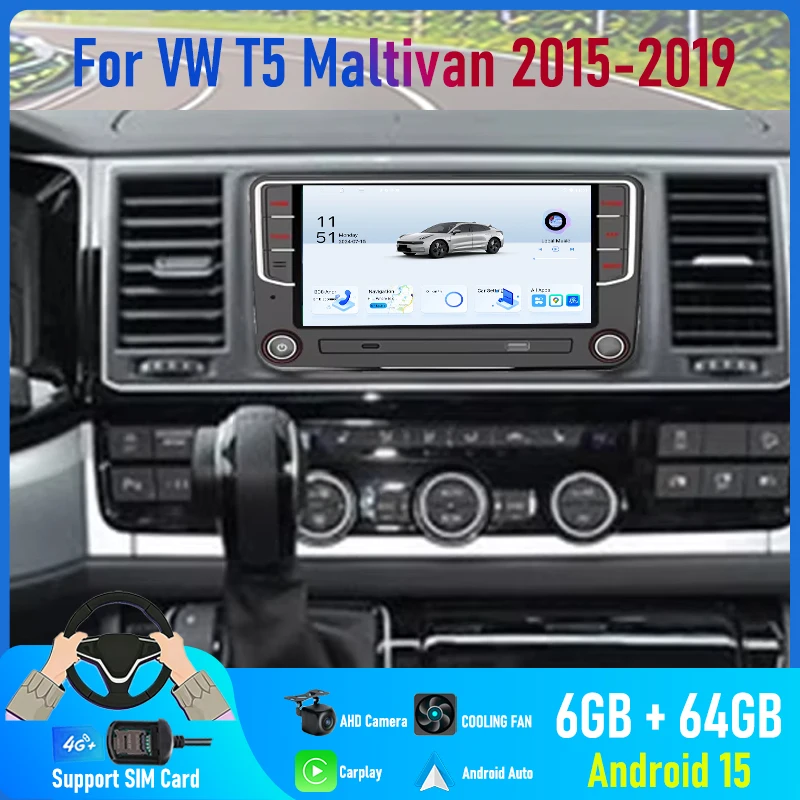 

7'' For VW T5 Maltivan 2015-2019 Car Radio 4G SIM Camera Navi Android 15 Auto FM Google Map GPS Head Unit Reversing Image 2DIN