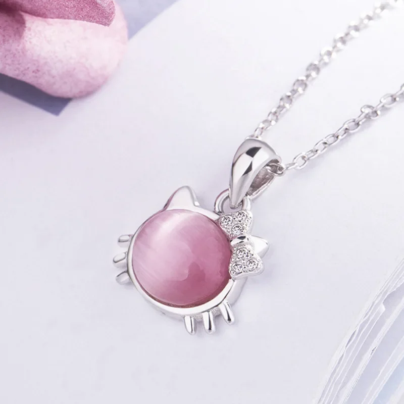 Hello Kitty Fashion Micro diamond pink Cat's Eye necklace Cute girl's pendant anime clavicle chain accessory gift