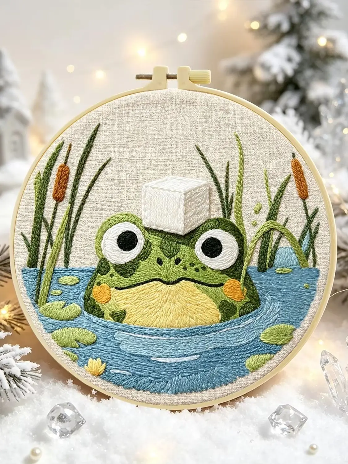 1 Set Eiswürfel-Frosch DIY-Stickerei-Set für Anfänger, Stickerei-Starter-Kit, Kreuzstich-Kunstgeschenk, Handarbeits-Bastelset – Detail 1